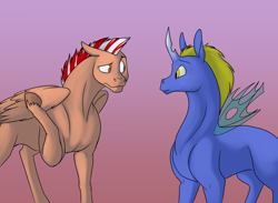 Size: 1000x733 | Tagged: safe, artist:foxenawolf, derpibooru import, oc, oc only, oc:cloud thumper, pegasus, pony, fanfic:life love and death in the house of path, changeling hybrid, duo, fanfic art, horn, male, shrug, stallion