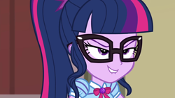 Size: 1920x1080 | Tagged: safe, derpibooru import, screencap, sci-twi, twilight sparkle, better together, equestria girls, holidays unwrapped, female, geode of telekinesis, glasses, lip bite, magical geodes, ponytail, smiling, the cider louse fools