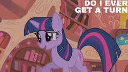 Size: 1280x720 | Tagged: safe, derpibooru import, edit, edited screencap, editor:quoterific, screencap, twilight sparkle, unicorn twilight, pony, unicorn, look before you sleep, season 1, female, golden oaks library, mare, open mouth, open smile, smiling, solo