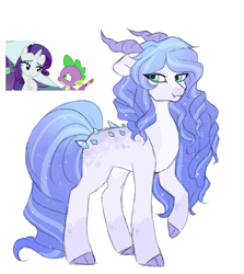 Size: 1280x1437 | Tagged: safe, artist:void-sommar, derpibooru import, rarity, spike, oc, dracony, dragon, hybrid, pony, unicorn, claw hooves, ears, floppy ears, horns, interspecies offspring, offspring, parent:rarity, parent:spike, parents:sparity, screencap reference, simple background, smiling, white background