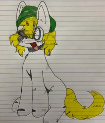 Size: 2590x3050 | Tagged: safe, artist:carcinisation, derpibooru import, oc, oc:fargate, earth pony, pony, hat, lined paper, one eye closed, simple background, solo, traditional art, wink