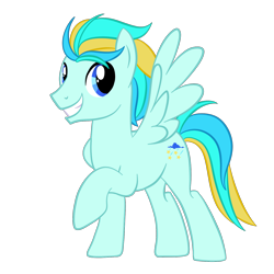 Size: 1500x1500 | Tagged: safe, artist:magicpebbles, derpibooru import, oc, oc only, oc:starstorm, pegasus, pony, blue eyes, full body, male, multicolored mane, multicolored tail, pegasus oc, raised hoof, raised leg, show accurate, simple background, smiling, solo, spread wings, stallion, standing, tail, transparent background, wings
