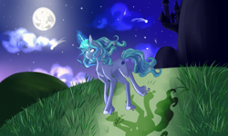 Size: 5000x3000 | Tagged: safe, artist:just-silvushka, derpibooru import, oc, oc only, pony, unicorn, chest fluff, cloud, female, full moon, glowing, glowing horn, horn, mare, moon, night, outdoors, shooting star, smiling, stars, unicorn oc