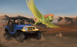 Size: 5808x3544 | Tagged: safe, artist:royvdhel-art, derpibooru import, oc, oc only, oc:tropical smoothie, human, pegasus, pony, car, clothes, desert, duo, flying, jeep, mountain, outdoors, pegasus oc, wings