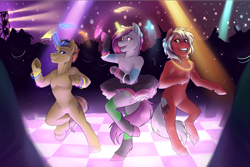 Size: 4092x2726 | Tagged: safe, artist:royvdhel-art, derpibooru import, oc, oc only, earth pony, semi-anthro, unicorn, dancing, earth pony oc, glowing, glowing horn, glowstick, horn, indoors, smiling, unicorn oc