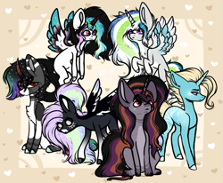 Size: 1395x1152 | Tagged: safe, artist:beamybutt, derpibooru import, oc, oc only, pegasus, pony, unicorn, abstract background, base used, ethereal mane, flying, group, horn, offspring, parent:king sombra, parent:princess celestia, parents:celestibra, pegasus oc, starry mane, unicorn oc