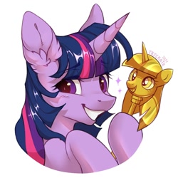 Size: 2000x2000 | Tagged: safe, artist:trickate, derpibooru import, twilight sparkle, pony, bust, cute, eye clipping through hair, eyebrows, eyebrows visible through hair, female, grin, high res, horn, mare, portrait, scepter, simple background, smiling, solo, sparkles, twiabetes, twilight scepter, white background