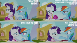 Size: 1280x720 | Tagged: safe, derpibooru import, edit, edited screencap, editor:quoterific, screencap, rainbow dash, rarity, pegasus, pony, unicorn, season 8, the end in friend, spoiler:s08, book, boots, clothes, duo, duo female, female, implied daring do, mare, open clothes, shoes