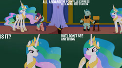 Size: 1280x720 | Tagged: safe, derpibooru import, edit, edited screencap, editor:quoterific, screencap, on stage, princess celestia, raspberry beret, alicorn, earth pony, pony, horse play, season 8, spoiler:s08, :o, beret, chair, chalkboard, crown, female, frown, hat, hoof shoes, jewelry, male, mare, open mouth, regalia, school of friendship, sitting, smiling, stallion, trio