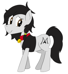 Size: 1568x1704 | Tagged: safe, artist:soccy, derpibooru exclusive, derpibooru import, oc, oc only, oc:double m, earth pony, pony, 2022 community collab, bell, bell collar, black mane, black tail, brown eyes, clothes, collar, cutie mark, derpibooru community collaboration, earth pony oc, jacket, looking at you, male, simple background, smiling, smiling at you, solo, stallion, tail, transparent background, white coat