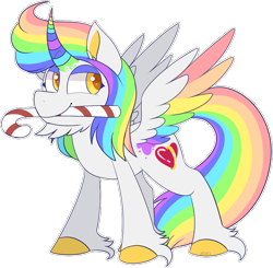 Size: 850x832 | Tagged: safe, artist:jetjetj, derpibooru import, oc, oc:spectrum, alicorn, pony, candy, candy cane, colored wings, food, male, mouth hold, multicolored wings, simple background, solo, stallion, transparent background, wings