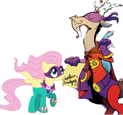 Size: 943x883 | Tagged: safe, artist:11drakezgm, derpibooru import, edit, edited screencap, idw, screencap, discord, fluttershy, saddle rager, draconequus, pegasus, pony, background removed, cape, captain goodguy, clothes, duo, eyes closed, female, frown, male, mare, power ponies, raised hoof, raised leg, simple background, smiling, spread wings, superhero, superhero costume, white background, wings