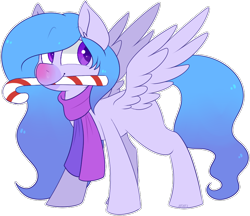 Size: 880x761 | Tagged: safe, artist:jetjetj, derpibooru import, oc, oc:sniffles, alicorn, pony, candy, candy cane, clothes, female, food, mare, mouth hold, scarf, simple background, solo, transparent background