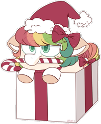 Size: 601x739 | Tagged: safe, artist:jetjetj, derpibooru import, oc, oc:gateau-arc-en-ciel, earth pony, pony, box, candy, candy cane, female, food, mare, pony in a box, simple background, solo, transparent background