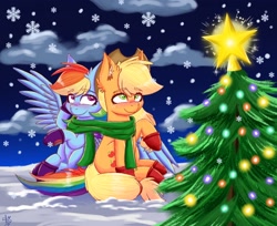 Size: 2054x1680 | Tagged: safe, artist:galaxy swirl, derpibooru import, applejack, rainbow dash, earth pony, pegasus, pony, appledash, christmas, clothes, cute, dashabetes, female, holiday, jackabetes, lesbian, scarf, shared clothing, shared scarf, shipping, snow, snowfall, tree