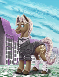 Size: 1024x1326 | Tagged: safe, artist:amalgamzaku, derpibooru import, beaude mane, pony, clothes, solo, spats