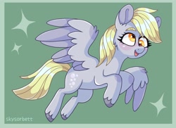 Size: 2048x1494 | Tagged: safe, artist:skysorbett, derpibooru import, derpy hooves, pegasus, pony, female, flying, green background, mare, open mouth, open smile, simple background, smiling, solo, sparkles, spread wings, wings