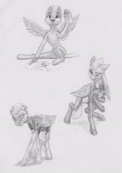 Size: 3132x4442 | Tagged: safe, artist:joestick, derpibooru import, fleetfoot, pegasus, pony, clothes, crying, female, flower, mare, monochrome, pencil drawing, scar, scissors, sitting, solo, tears of joy, traditional art, uniform, wonderbolts, wonderbolts uniform