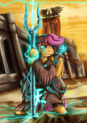 Size: 1237x1750 | Tagged: safe, artist:jamescorck, derpibooru import, scootaloo, anthro, pegasus, clothes, crossover, electricity, female, solo, video game crossover, warhammer (game), warhammer 40k