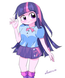 Size: 1000x1200 | Tagged: safe, artist:leo19969525, derpibooru import, twilight sparkle, equestria girls, clothes, eyebrows, eyebrows visible through hair, female, simple background, skirt, solo, wave, white background