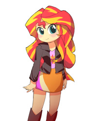 Size: 1000x1200 | Tagged: safe, artist:leo19969525, derpibooru import, sunset shimmer, equestria girls, blush sticker, blushing, clothes, female, looking at you, simple background, skirt, solo, white background