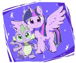 Size: 1200x1000 | Tagged: safe, artist:leo19969525, derpibooru import, spike, twilight sparkle, twilight sparkle (alicorn), alicorn, dragon, pony, duo, female, looking at you, male, smiling, spread wings, wings