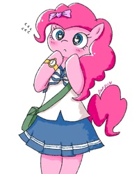 Size: 899x1124 | Tagged: safe, artist:leo19969525, derpibooru import, pinkie pie, anthro, earth pony, arm hooves, blushing, clothes, female, heart, mare, purse, school uniform, simple background, skirt, solo, watch, white background