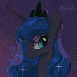 Size: 2000x2000 | Tagged: safe, artist:duvivi, derpibooru import, princess luna, alicorn, pony, smiling, solo, sparkles