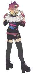 Size: 2000x4300 | Tagged: safe, artist:kikirdcz, derpibooru import, oc, oc:sunrise skies, human, bedroom eyes, bisexual pride flag, boots, choker, clothes, devil horn (gesture), ear piercing, earring, eyeshadow, female, fingerless gloves, freckles, gay pride flag, gloves, grin, high heel boots, humanized, humanized oc, jacket, jewelry, lesbian pride flag, makeup, nail polish, piercing, platform shoes, pride, pride flag, shoes, shorts, simple background, smiling, socks, solo, stockings, sunglasses, tanktop, thigh highs, transparent background