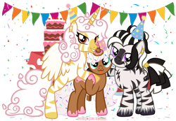 Size: 1100x761 | Tagged: safe, artist:jennieoo, derpibooru import, oc, oc:adrianee, oc:donut daydream, oc:princess coke, alicorn, pony, zebra, birthday, birthday cake, cake, confetti, food, group hug, hat, hug, party, party hat