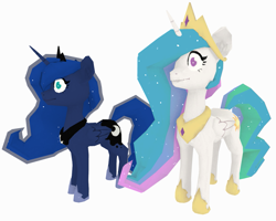 Size: 1245x997 | Tagged: safe, artist:marsminer, derpibooru import, princess celestia, princess luna, alicorn, pony, 3d, crown, duo, duo female, female, folded wings, full body, hoof shoes, horn, jewelry, mare, no pupils, peytral, regalia, simple background, standing, vrchat, white background, wings