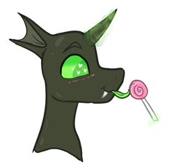 Size: 1113x1051 | Tagged: safe, artist:tizhonolulu, derpibooru import, oc, oc only, changeling, pony, blushing, candy, fangs, food, green changeling, heart eyes, lollipop, magic, simple background, solo, tongue, tongue out, white background, wingding eyes