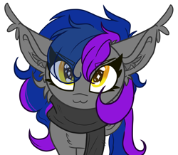 Size: 1968x1716 | Tagged: safe, artist:tizhonolulu, derpibooru import, oc, oc only, oc:varyus, bat pony, pony, cheek fluff, clothes, looking at you, looking up, scarf, simple background, solo, up to no good, white background