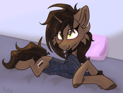 Size: 2062x1567 | Tagged: safe, artist:tizhonolulu, derpibooru import, oc, oc only, oc:ivy, pony, unicorn, bed, blushing, cheek fluff, clothes, heart eyes, jacket, pillow, solo, wingding eyes