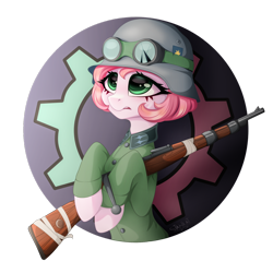 Size: 1920x1920 | Tagged: safe, artist:stahlkat, derpibooru import, oc, oc only, earth pony, pony, bangs, bust, buttons, celestia's cutie mark, clothes, cracked glass, cutie mark, cutie mark on clothes, earth pony oc, eyelashes, gear, goggles, goggles on head, green eyes, gun, helmet, military uniform, oc name needed, out of frame, pink hair, rifle, signature, simple background, solo, transparent background, uniform, weapon