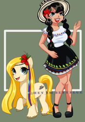 Size: 2501x3565 | Tagged: safe, artist:hey-im-betyblue, derpibooru import, oc, oc only, oc:isabella blend, earth pony, human, pony, clothes, colombia, ear piercing, earring, female, flower, flower in hair, hat, high heels, human ponidox, humanized, humanized oc, jewelry, lipstick, makeup, mare, multicolored hair, open mouth, piercing, self paradox, self ponidox, shirt, shoes, skirt, solo, unshorn fetlocks