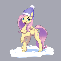 Size: 3200x3200 | Tagged: safe, artist:aquaticvibes, derpibooru import, fluttershy, pegasus, pony, cute, eyebrows, eyebrows visible through hair, female, gray background, hat, high res, mare, open mouth, open smile, raised hoof, raised leg, shyabetes, simple background, smiling, snow, solo, winter hat