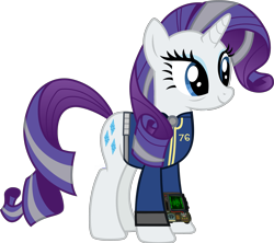 Size: 3371x3000 | Tagged: safe, artist:ponygamer2020, derpibooru import, rarity, pony, unicorn, fallout equestria, the last problem, bags under eyes, clothes, eyeshadow, fallout, fallout 76, female, grey hair, jumpsuit, makeup, mare, older, older rarity, pip-boy 2000 mark vi, pipboy, simple background, skunk stripe, smiling, solo, transparent background, vault suit, vector