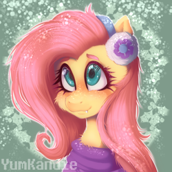 Size: 3500x3500 | Tagged: safe, artist:yumkandie, derpibooru import, fluttershy, pegasus, pony, best gift ever, cheek fluff, chest fluff, clothes, cute, cute little fangs, earmuffs, fangs, female, mare, shyabetes, snow, solo, sweater, watermark, wingding eyes
