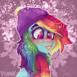 Size: 3500x3500 | Tagged: safe, artist:yumkandie, derpibooru import, rainbow dash, pegasus, pony, best gift ever, beanie, blushing, clothes, cute, dashabetes, drool, female, hat, mare, runny nose, scarf, snot, snow, solo, wingding eyes