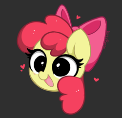 Size: 1194x1155 | Tagged: safe, artist:kittyrosie, derpibooru import, apple bloom, earth pony, pony, adorabloom, blushing, cute, dilated pupils, female, filly, floating heart, foal, gray background, head only, heart, open mouth, open smile, simple background, smiling