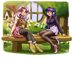 Size: 2650x2143 | Tagged: safe, artist:king-kakapo, derpibooru import, part of a set, fluttershy, twilight sparkle, human, bench, blushing, boots, breasts, clothes, duo, duo female, female, fluttershy's cottage, high heels, humanized, looking at you, pantyhose, ribbon, shoes, skirt, socks, thigh highs, vest, zettai ryouiki
