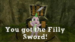 Size: 960x539 | Tagged: safe, artist:undeadponysoldier, spike, dragon, art pack:ocarina of harmony, animated, cute, gif, happy, item, kokiri forest, kokiri sword, male, parody, solo, speech bubble, spikabetes, sword, text, treasure chest, weapon, you got the thing