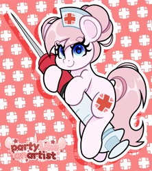 Size: 3633x4096 | Tagged: safe, artist:partylikeanartist, derpibooru import, nurse redheart, earth pony, pony, chibi, clothes, cute, cutie mark, cutie mark background, cutie mark on clothes, eye clipping through hair, eyebrows, eyebrows visible through hair, eyelashes, female, giant syringe, hat, heartabetes, holding, looking at you, mare, needle, nurse hat, nurse outfit, solo, syringe, tail
