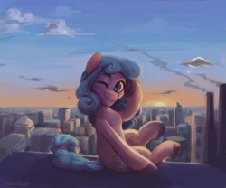 Size: 1280x1066 | Tagged: safe, artist:jewellier, derpibooru import, oc, oc only, earth pony, pony, city, cloud, sky, solo, sun, sunrise