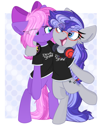 Size: 1786x2160 | Tagged: safe, artist:littleblackraencloud, derpibooru import, oc, oc:cinnabyte, oc:lillybit, earth pony, pony, annoyed, bipedal, bow, clothes, commission, duo, female, frown, gaming headset, glasses, hair bow, headphones, headset, mare, microphone, open mouth, open smile, patterned background, ribbon, shirt, smiling, t-shirt, ych result