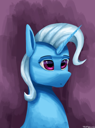 Size: 1000x1346 | Tagged: safe, artist:trotski432, derpibooru import, trixie, pony, unicorn, bust, female, horn, mare, portrait, simple background, solo