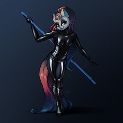 Size: 2048x2048 | Tagged: safe, artist:amishy, derpibooru import, oc, oc only, anthro, plantigrade anthro, unicorn, anthro oc, bodysuit, clothes, female, high res, horn, latex, latex suit, lidded eyes, looking at you, oc name needed, smiling, smiling at you, solo, unicorn oc