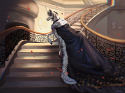 Size: 2813x2100 | Tagged: safe, artist:tupipi, derpibooru import, oc, oc only, oc:chloe white, pony, unicorn, clothes, curved horn, female, hoers, mare, petals, robe, royalty, solo, stairs