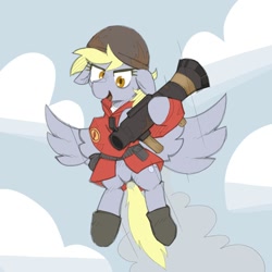 Size: 2000x2000 | Tagged: safe, artist:rellopone, derpibooru import, derpy hooves, pegasus, pony, boots, clothes, cloud, crossover, derpy soldier, ears, floppy ears, flying, helmet, looking at you, rocket launcher, shoes, smiling, soldier, team fortress 2, uniform